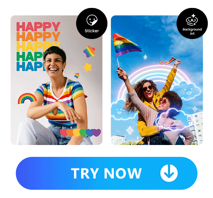 collage 2 photos decorated with animated pride sticker and replaced with rainbow sky to celebrate pride month with PhotoDirector